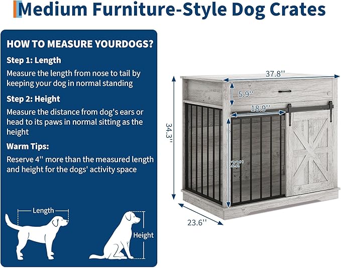 37.8" Dog Crate Furniture for Small Medium Dogs, 2-in-1 Iron-Wood Fusion Dog Cage Indoor As Side End Table, Farmhouse Dogs Kennel with Sliding Barn Doors & Drawer, Grey