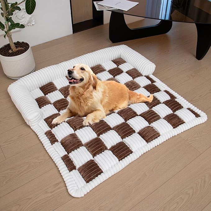 LiveGo Fuzzy Pet Couch Covers for Sofa, Dog Couch Cover Fuzzy Sofa Cover Cream Square Plaid Dog Bed Plush Dog Mat for Furniture Protector for Large Medium Dogs and Cats (Dark Brown, 35.4"*35.4")