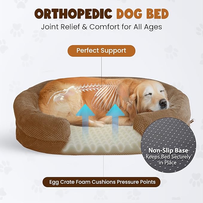 XXL Dog Bed for Extra Large Dogs – Orthopedic Egg Crate Foam Couch with Bolster, 4.7-inch Thick, Washable Removable Cover, Plush Sofa Pet Bed, XLarge Sized, 52"x40", Camel