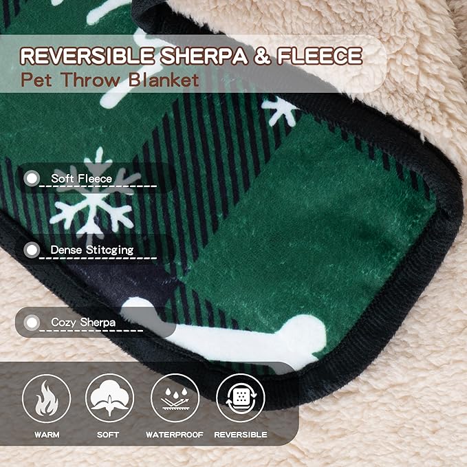 Waterproof Dog Blankets, 30"x40" Cat Blanket for Indoor Cats, Soft Fluffy Sofa Car Bed Protector, Reversible Sherpa Fleece Puppy Blanket for Small Medium Dogs Christmas Decor (Green)