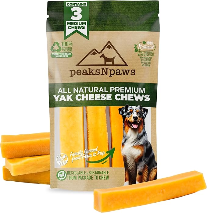 peaksNpaws Himalayan Yak Chews, High Protein Dog Treat for Aggressive Chewers, Natural, Long Lasting, Lactose Free Chew Stick for Pet Under 35 lbs, 4 Medium Treats, 100% Eco-Friendly Packaging