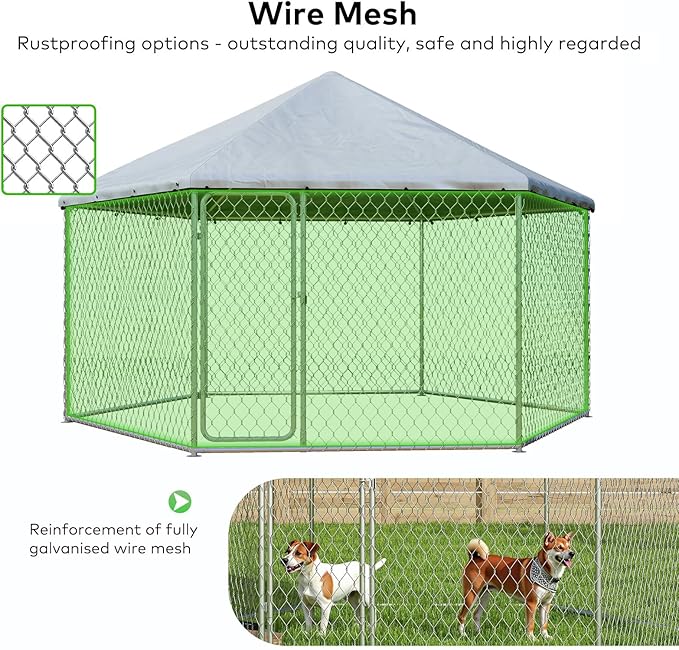 6.8x6.8 FT Large Outdoor Dog Kennel Outside,Heavy-Duty Galvanized Wire Mesh Dog Enclosure with Waterproof Cover & Secure Lock,Hexagonal Cage for Large Dogs