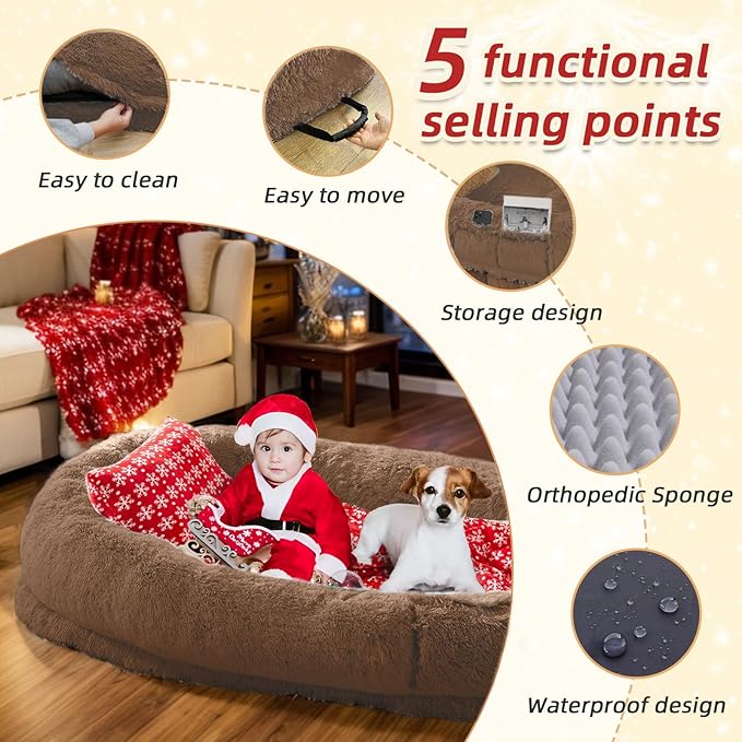 Human Dog Bed: 71''x45''x12'' Size, Washable Faux Fur, Orthopedic - Brown