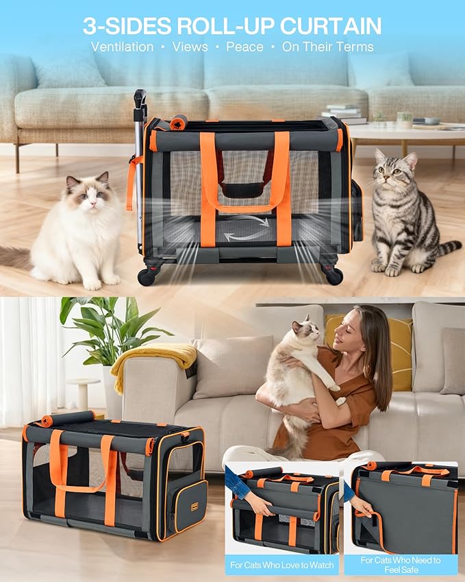 MILADA Extra Large Cat Carrier with Wheels for Big Cats & Small Dogs Soft Sided Rolling Pet Carrier Detachable XL Cat Stroller for Travel, Hiking, Vet & Hospital Use, Orange