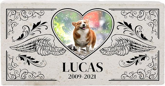 Personalized Pet Memorial with Keepsake Photo on Limestone - Headstones, Garden Stones, and Grave Markers for Dogs - Dog Memorial Stone, Pet Memorial Gifts - 12”x 6”x1.25" (B. Lucas Design)