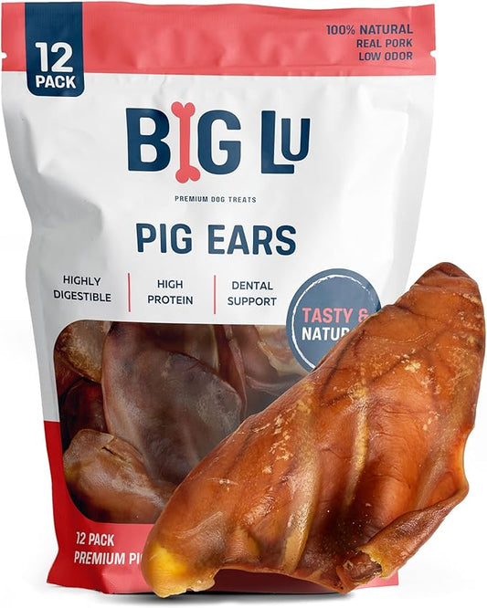 Big Lu – Whole Pig Ears for Dogs, 12 Count, All-Natural Single-Ingredient Pork Treats for Medium and Large Dogs, Easily Digestible, Long-Lasting, Supports Joint Health with Glucosamine and Chondroitin