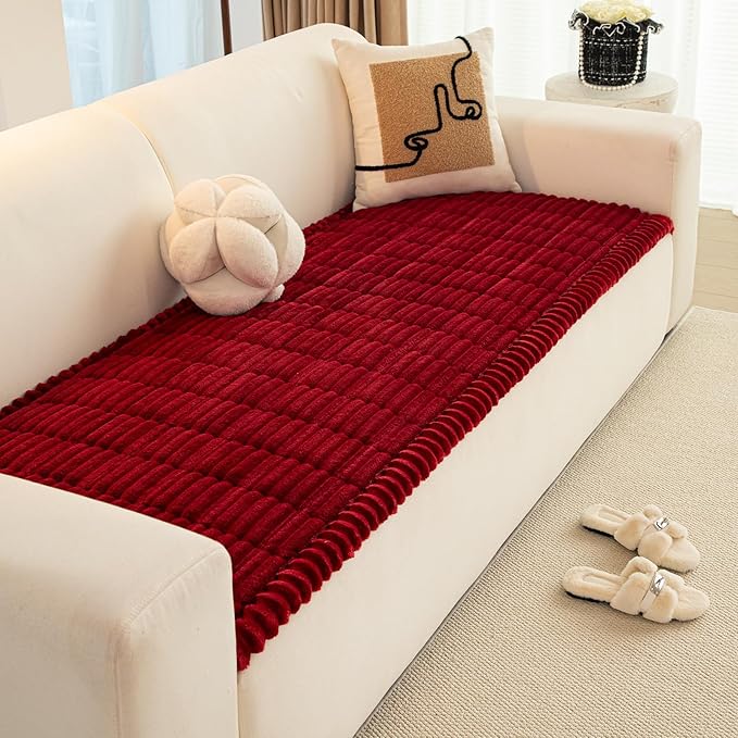 Christmas Faux Fur Plush Dog Couch Cover, 3D Stripe Fuzzy Sofa Covers, Non-Slip Fluffy Dog Bed Cover Pet Blanket, Washable Furniture Protector for Puppy Cat (Red,35"x63")