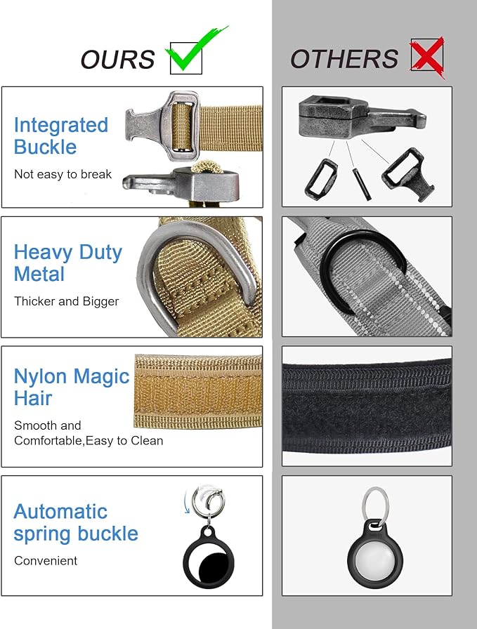 Hotsky Tactical Dog Collar, Adjustable Military Training Nylon Airtag Collar with Handle and Heavy Duty Metal Buckle for Medium Large Dogs, with Airtag Holder and Two Patches （Brown,XL）