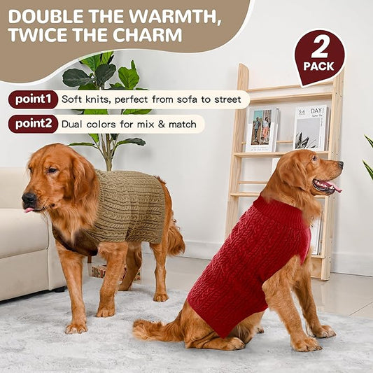 2 Pack Dog Sweaters for Large Dogs Winter Turtleneck Pullover Cable Knit Fleece Stretch Pitbull Labrador Golden Retriever Doberman Bulldog Boy Girl Pet Clothes (XXL, Red & Brown)