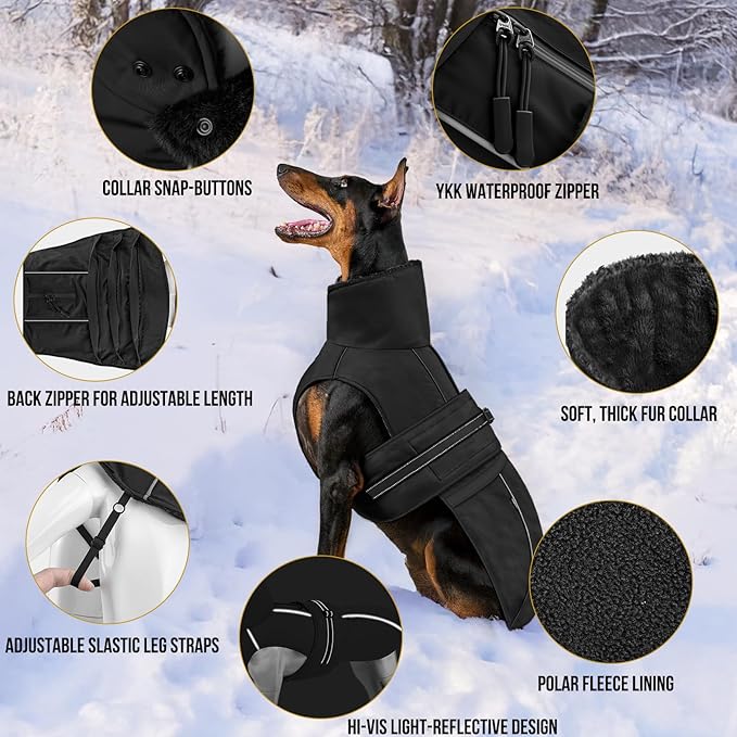 OneTigris Dog Coat Waterproof Dog Jacket with Adjustable Buckle Hook & Loop Windproof Cold Weather Coats for Small Medium Large Dogs (Black, Large)