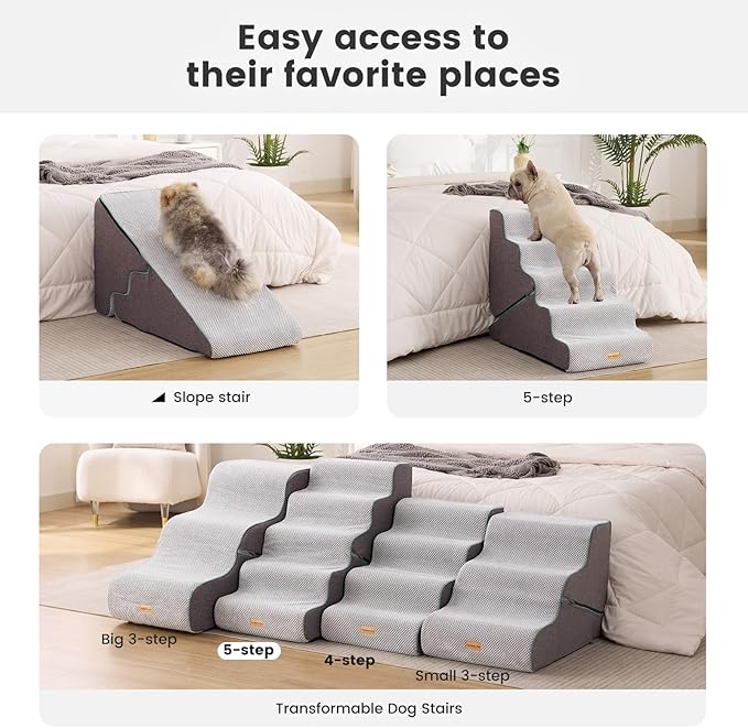 Gardner Pet Dog Stairs for Small Dogs 22.5" H, 2 in 1 Transformable 5-Step Pet Stairs and ramp, Dog Steps for Couch bed (23~27 in) with Durable Non-Slip Waterproof Cover and CertiPUR-US Certified Foam