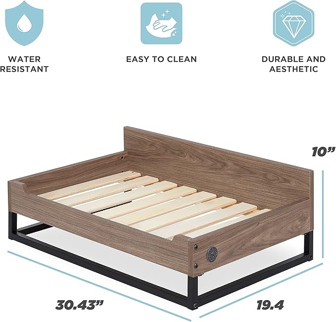 Milo Wooden Dog Bed, Plush Mattress Comforts The Pets with Bone Diseases, Water Resistant, Greenguard Gold Certified, Mattress, Non - Toxic Pet Proof Paint, Walnut