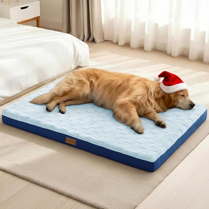 Patas Lague Orthopedic XL Dog Bed Large Sized Dog 48''X30'', Waterproof Soft Comfortable Egg Crate Foam Large Pet Beds Crate Mat with Removable Washable Cover and Nonskid Bottom, Blue