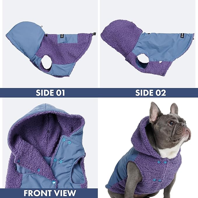 Spark Paws Reversible Fleece Dog Jacket, Hooded Sweater Vest, Warm Coat for Winter - Suitable for Small Medium Large XL XXL Dogs - Purple and Navy Blue - L