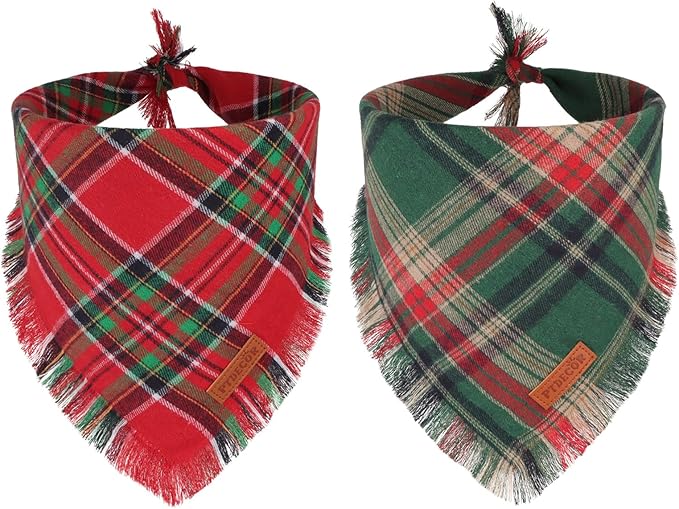 PTDECOR Christmas Dog Bandanas with Tassels Edges, 2 Pack Red Green Plaid Scarf Bib, Reversible Triangle Xmas Bandanas for Medium Large Dogs Pets (Large)