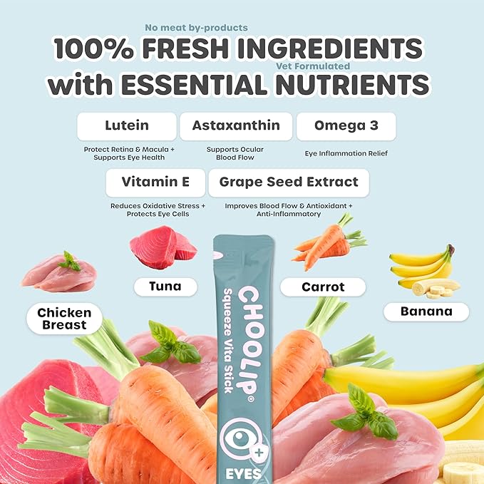 Choolip Squeeze Vita Stick Lickable Cat Treats & Dog Puree – 7-Count Eye Support Tubes, Creamy Grain-Free High-Protein Puree with Lutein, Astaxanthin & Omega 3 for Healthy Vision & Eye Care