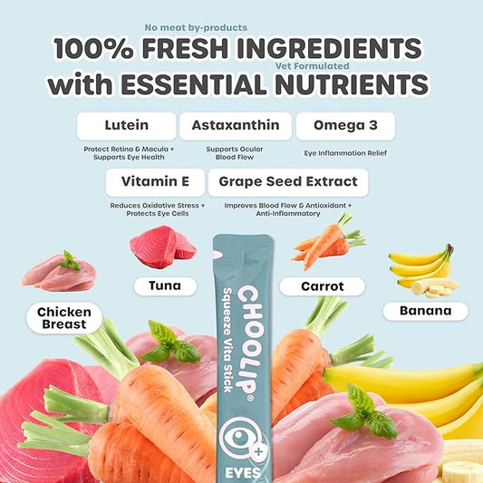 Choolip Squeeze Vita Stick Lickable Cat Treats & Dog Puree – 7-Count Eye Support Tubes, Creamy Grain-Free High-Protein Puree with Lutein, Astaxanthin & Omega 3 for Healthy Vision & Eye Care