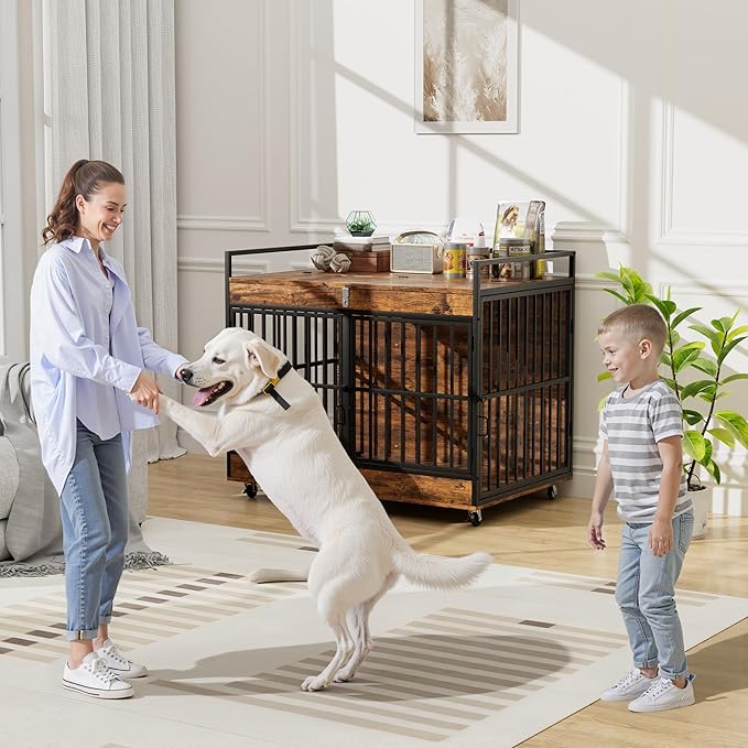 45 Inch Dog Crate Furniture for Large Dog with 2 Stainless Steel Bowls, XL Heavy Duty Dog Kennel Indoor, Large Wooden Dog Crate Table for Decorate House As TV Stand, End Table