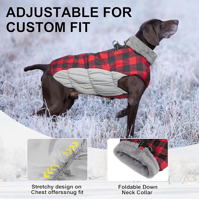 BEAUTYZOO Dog Winter Coat with Harness Built in, Reflective Plaid Puffer Vest Waterproof for Large Dogs, Fleece Warm Puppy Zipped Jacket with D Ring, Pet Cold Weather Sweater Clothes, Red L