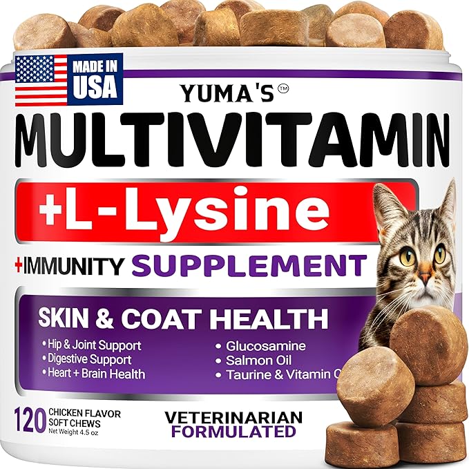 Cat Multivitamin Chews - Cat Vitamins and Supplements - Taurine & Lysine for Cats - Omega-3, Glucosamine, Cranberry - Skin & Coat, Hip & Joint Support - Immune Health, Skin, Heart, Digestion