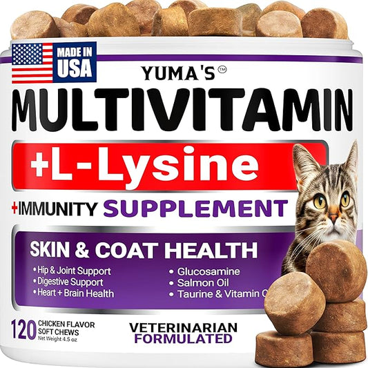 Cat Multivitamin Chews - Cat Vitamins and Supplements - Taurine & Lysine for Cats - Omega-3, Glucosamine, Cranberry - Skin & Coat, Hip & Joint Support - Immune Health, Skin, Heart, Digestion