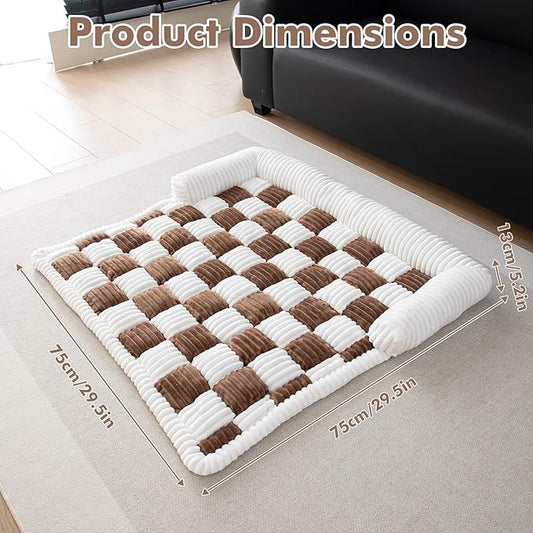 LiveGo Fuzzy Pet Couch Covers for Sofa, Dog Couch Cover Fuzzy Sofa Cover Cream Square Plaid Dog Bed Plush Dog Mat for Furniture Protector for Large Medium Dogs and Cats (Dark Brown, 29.5"*29.5")