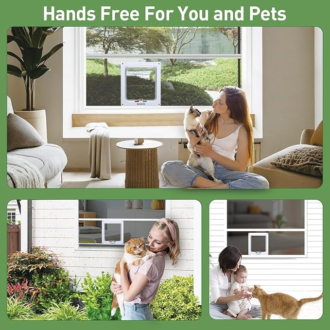 Cat Door for Window, Safety Cat Window with 4 Locking Modes, Fits 18"-32" Window, Pet Friendly Window Cat Door Insert, Ease of Installation, Magnetic Closure, Weatherproof Design, Frosted Plexiglass