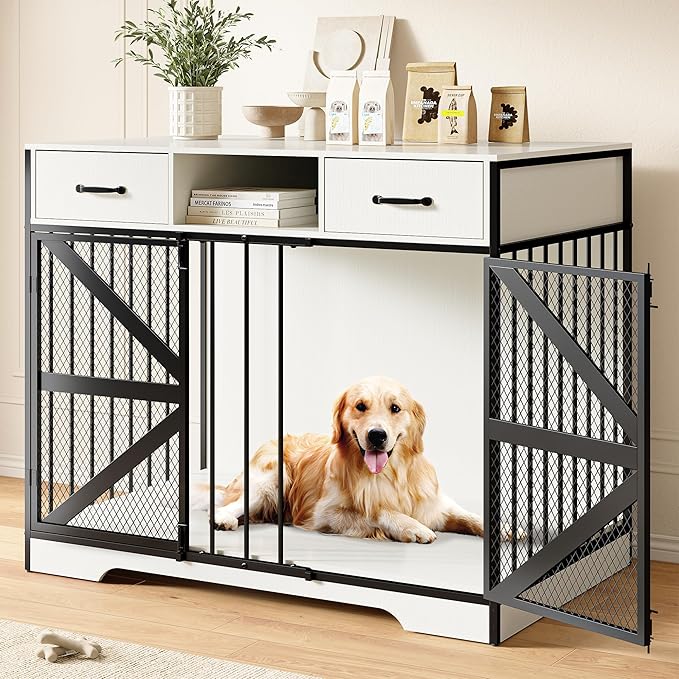 44" Large Dog Crate Furniture Set of 2, Wooden Heavy Duty Dog Kennel TV Stand with Storage Drawers, Decorative Indoor Pet Crate for Medium & Large Dogs, White