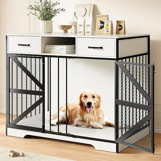 44" Large Dog Crate Furniture, Wooden Heavy Duty Dog Kennel TV Stand with 2 Drawers, Indoor Multi-Functional Decorative XL Furniture for Medium & Large Breeds, White