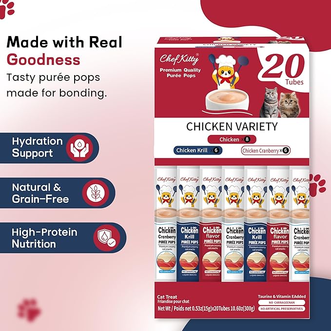 Chef Kitty Purée Pops, Cat Treats, Grain-Free, Lickable, Squeezable Creamy Cat Treat/Topper with Vitamin E & Taurine, 0.5 Ounces Each Tube, 20 Tubes, Chicken Mix Variety