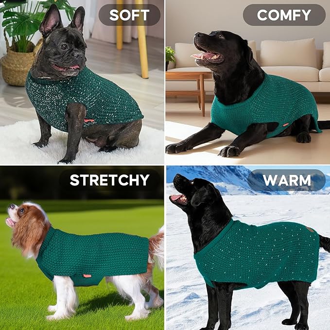 KYEESE Dog Christmas Sweater for Large Dogs with Leash Hole Warm Pullover with Reflective Yarn Male Thick Stretchy Knitwear Winter Soft Pet Coat boy Cold Weather Comfy Dog Sweaters, Green,XXX-Large