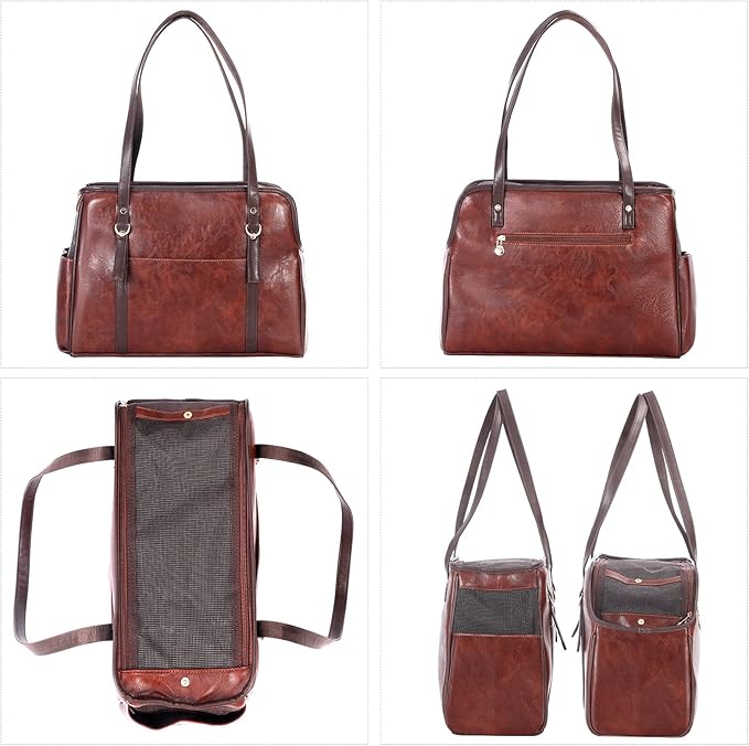 Dog Carrier Purse, Fashion Leather Pet Carrier with Pockets, Airline Approved Soft Sided Dog Carrying Bag for Puppy Cat Dog Coffee