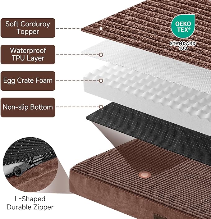 OhGeni Orthopedic Waterproof & Machine Washable Dog Bed for Small Medium Pets, Suitable for Crates, Cat Mat with 25D Egg Crate Foam, Removable Cover, 30 Inches(Brown)