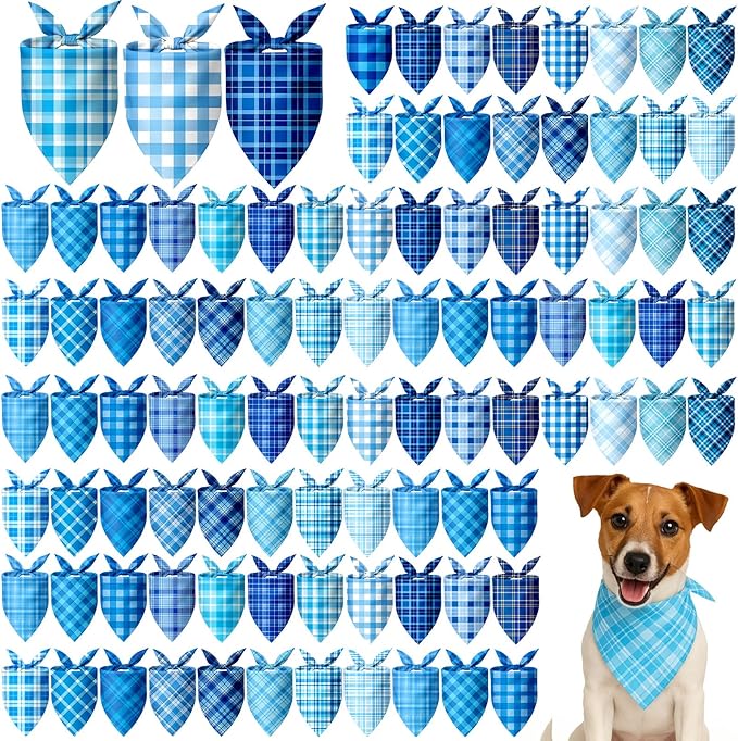 Abbylike 100 Pcs Winter Plaid Dog Bandanas Bulk Blue Bandanas for Dogs Triangle Kerchief Bibs Scarf for Small Medium Large Pets Winter Costume Accessories, 25 Styles (25.6 x 17.7 x 17.7 Inch)