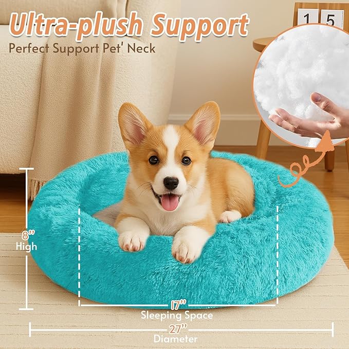 JOLLYVOGUE Small Dog & Cat Beds for Indoor Cats, Donut Cuddler Warming Soft Dog Beds with Anti-Slip Bottom, Round Calming Fluffy Plush Faux Fur Cushion Bed for Medium Dogs (27", Aqua Blue)