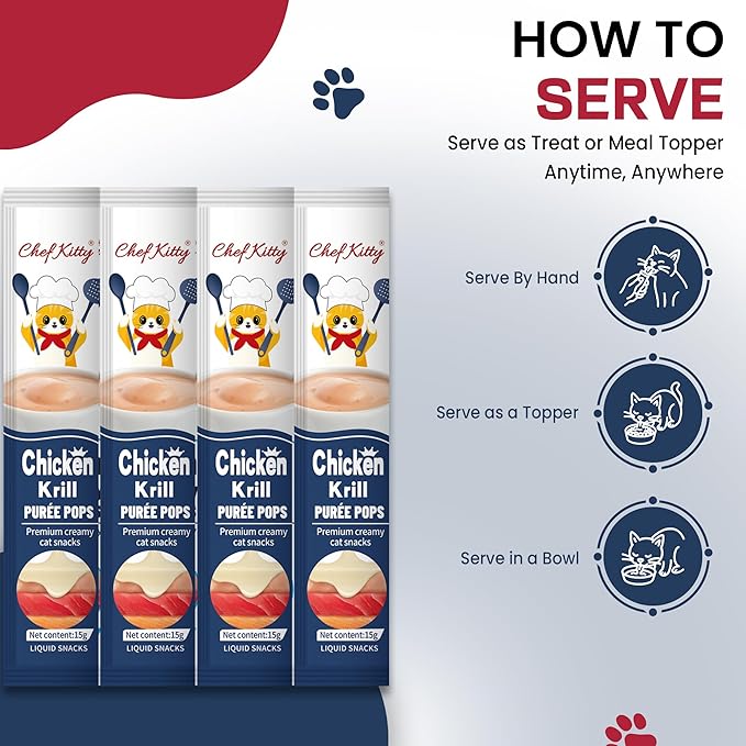 Chef Kitty Purée Pops, Cat Treats, Grain-Free, Lickable, Squeezable Creamy Cat Treat/Topper with Vitamin E & Taurine, 0.5 Ounces Each Tube, 10 Tubes, Chicken with Krill Recipe
