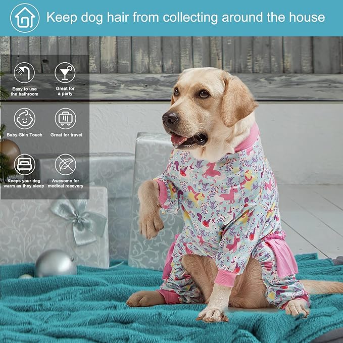 LovinPet Large Breed Dog Pajamas Onesie, Lightweight Stretchy Knit Dog Jammies, Unicorn Seafoam Print, Stop Shedding for Dogs, Pet Pajamas for Dogs, Pet PJ's, M