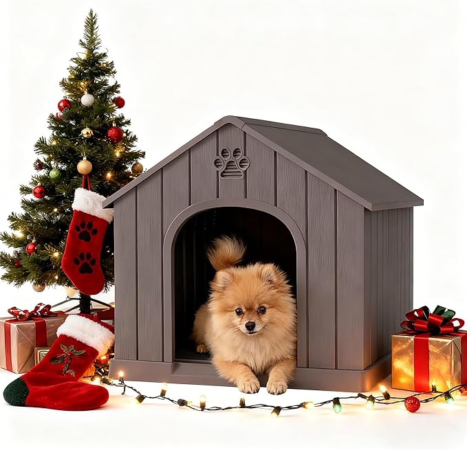 Fancyango Dog House Outdoor Indoor for Medium Large Dogs, Sturdy Plastic Waterproof Doghouse with Air Vents and Elevated Floor, Easy Clean and Assemble (Grey, 26.18''L × 24.02''W × 25.98''H)