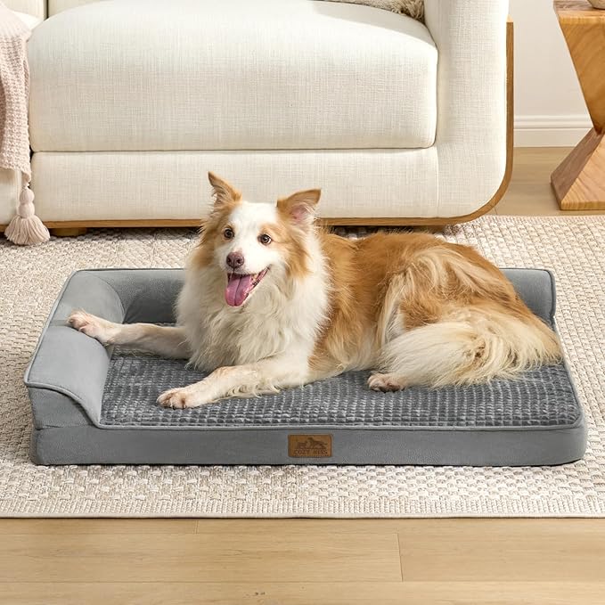 Orthopedic Dog Bed for Extra Large Dog, Giant Pet Sofa, Big Foam Bolster Couch with Waterproof Lining Cover, Anti-Slip, Washable, L-Shaped, XXL 48x35x8 inch, Grey