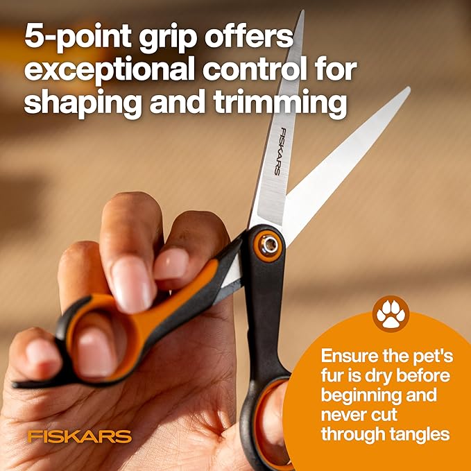 Fiskars Pet Trimming Scissors, Dog & Cat Grooming Scissors, Precision Stainless Steel Blades & SoftGrip™ Handle, 6.75”, Orange/Black