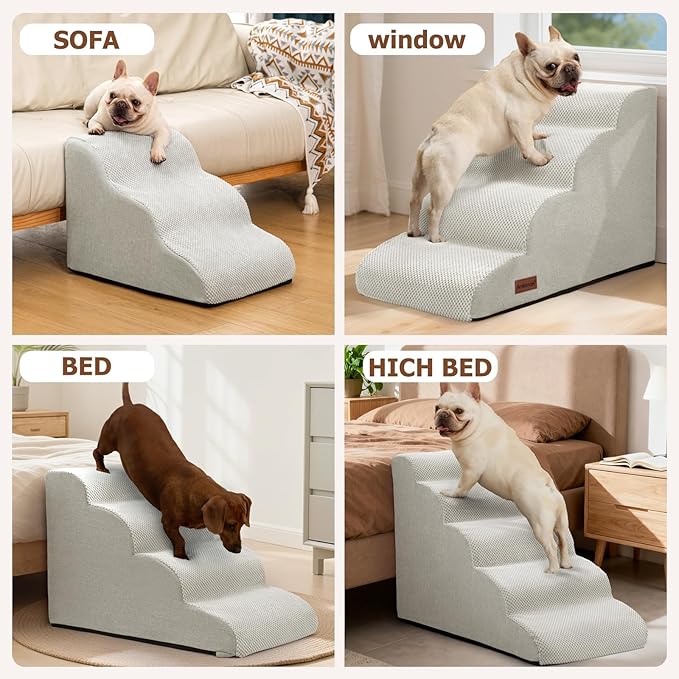 Dog Steps for Bed and Couch,4-Step Dog Stairs and Ramp for Small Dogs & Cats,Indoor Anti-Slip Pet Stairs for Old Cats and Puppy,Light Grey