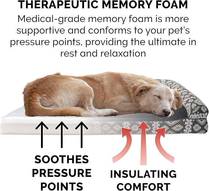 Furhaven Memory Foam Dog Bed for Large/Medium Dogs w/ Removable Bolsters & Washable Cover, For Dogs Up to 55 lbs - Plush & Southwest Kilim Woven Decor Sofa - Black Medallion, Large