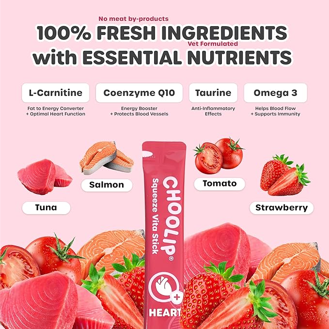 Choolip Squeeze Vita Stick Lickable Cat Treats & Dog Puree – 49-Count Heart Support Tubes, Creamy Grain-Free High-Protein Puree with Omega 3, Taurine, L-Carnitine & CoQ10 for Healthy Heart & Energy