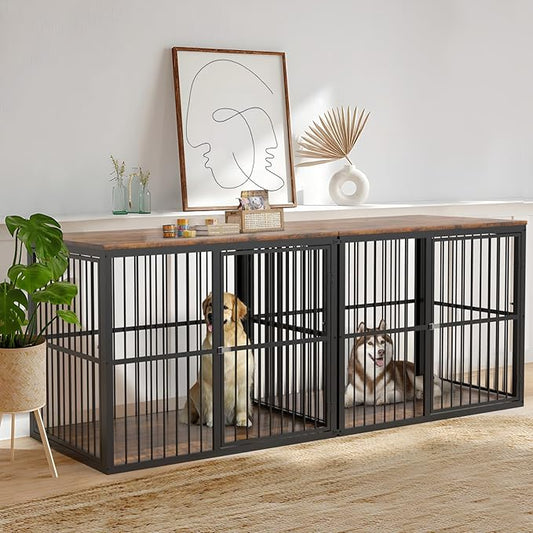 Lyromix 86.62''Dog Crate Furniture Large Breed TV Stand with Double Rooms,Wooden Dog Kennel Dog Crate End Table with Removable Divider for Large Medium Dogs, Can Use Separately, Brown