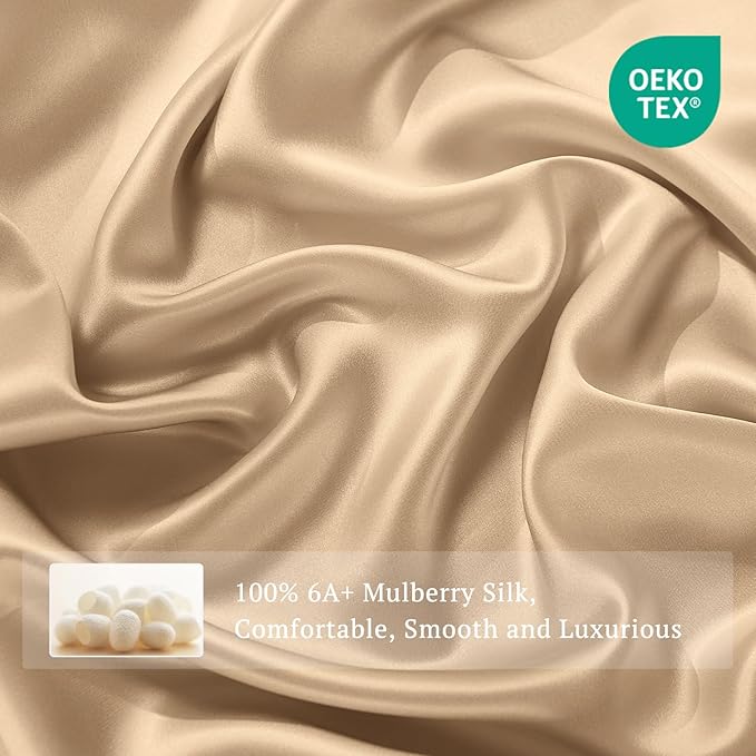 THXSILK Silk Sheet Set 4Pcs, 6A+ Top Grade 100% Natural Mulberry Silk Bed Sheets, Luxury Bed Sheet Set with Deep Pocket, 1 Fitted Sheet, 1 Flat Sheet and 2 Pillow Shams (Cal. King, Taupe)