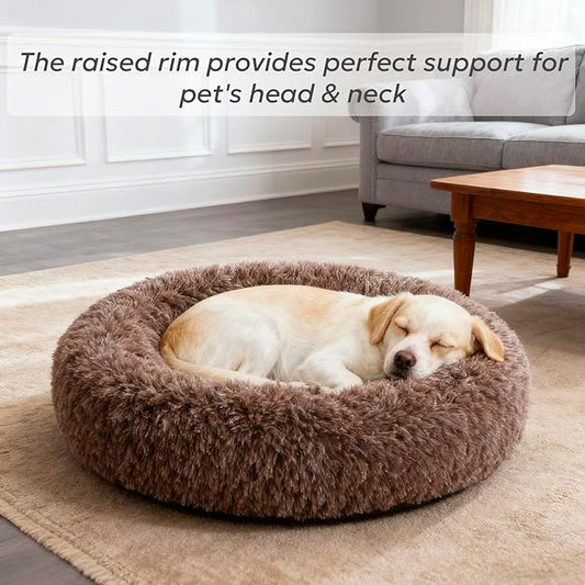Calming Dog Bed for Medium Size Dogs, Anti-Anxiety Donut Medium Pet Bed Washable, Anti-Slip Round Fluffy Plush Faux Fur Puppy Bed, Fits up to 35 lbs Pets (Brown, 30")