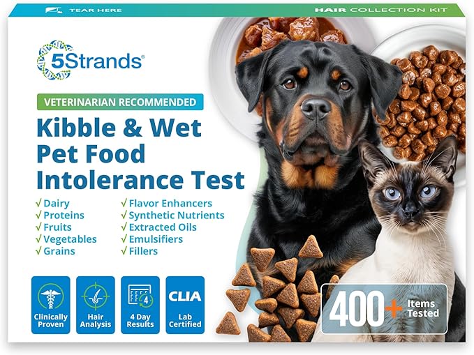 5Strands Kibble & Wet Pet Food Intolerance Test for Dogs & Cats, Identify Trigger Ingredients In Your Pet’s Diet, At Home Hair Sample Screening for 410 Ingredients Including Dairy Powder & Meat Powder
