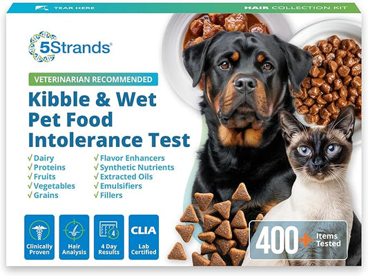 5Strands Kibble & Wet Pet Food Intolerance Test for Dogs & Cats, Identify Trigger Ingredients In Your Pet’s Diet, At Home Hair Sample Screening for 410 Ingredients Including Dairy Powder & Meat Powder