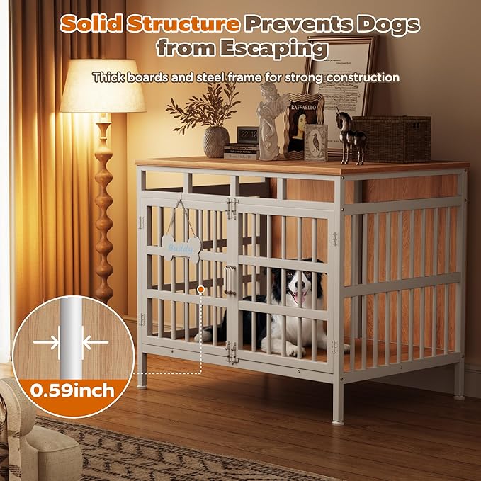 39 Inch Dog Crate Furniture, Heavy Duty Dog Kennel for Small Medium Large Dogs, Double Doors Indoor Decor Pet House Cage, Anti Escape Wooden Dog Cage with Name Tag End Table, TV Stand, Beige