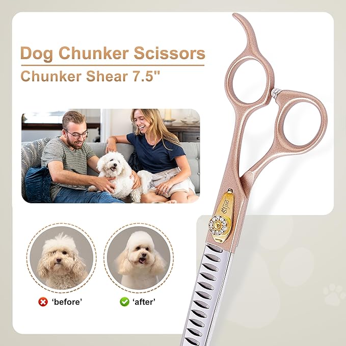 Professional Dog Grooming Scissors Rose Gold 440C Stainless Steel Straight Thinning Curved Chunker Shears for Pet Grooming Services Dogs and Cats (Chunker, 7.5‘’)
